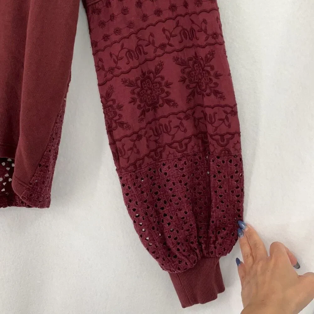Anthropologie Maroon Eyelet V-Neck Balloon Sleeve Pullover Sweatshirt Size XS